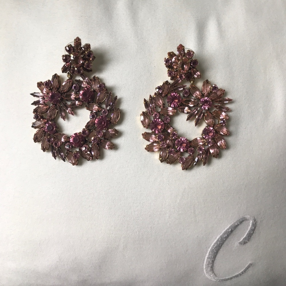 Jcrew Pink floral hoop crystal statement earrings